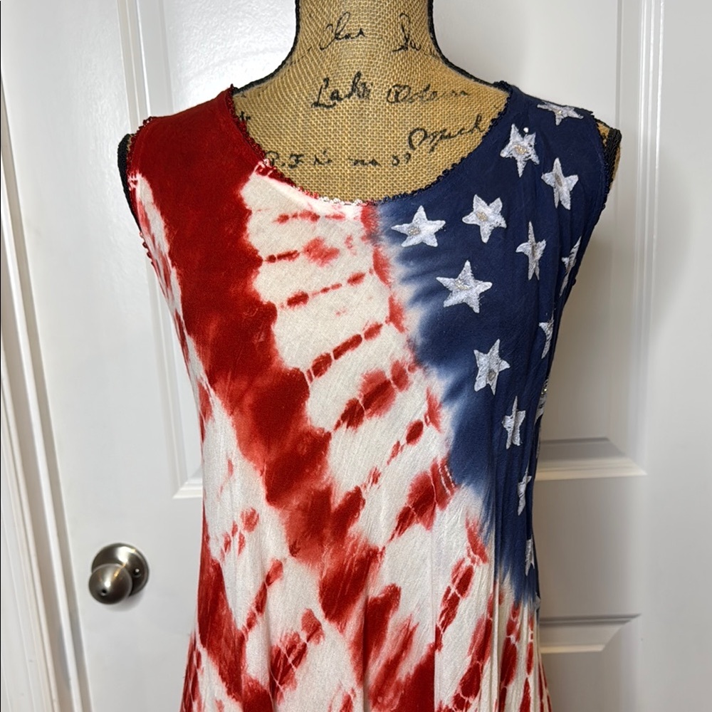 NWT True Rock OS Red White Blue Stars Stripes Tie Dye Swim Cover Up Flowy Dress - Picture 3 of 12